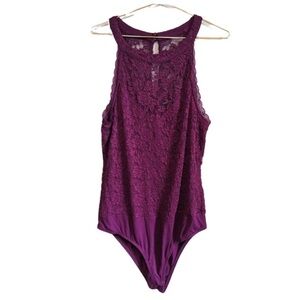 Torrid Lace Bodysuit Fuchsia Purple High Neck Knit Bottom Size Torrid 00 M/L